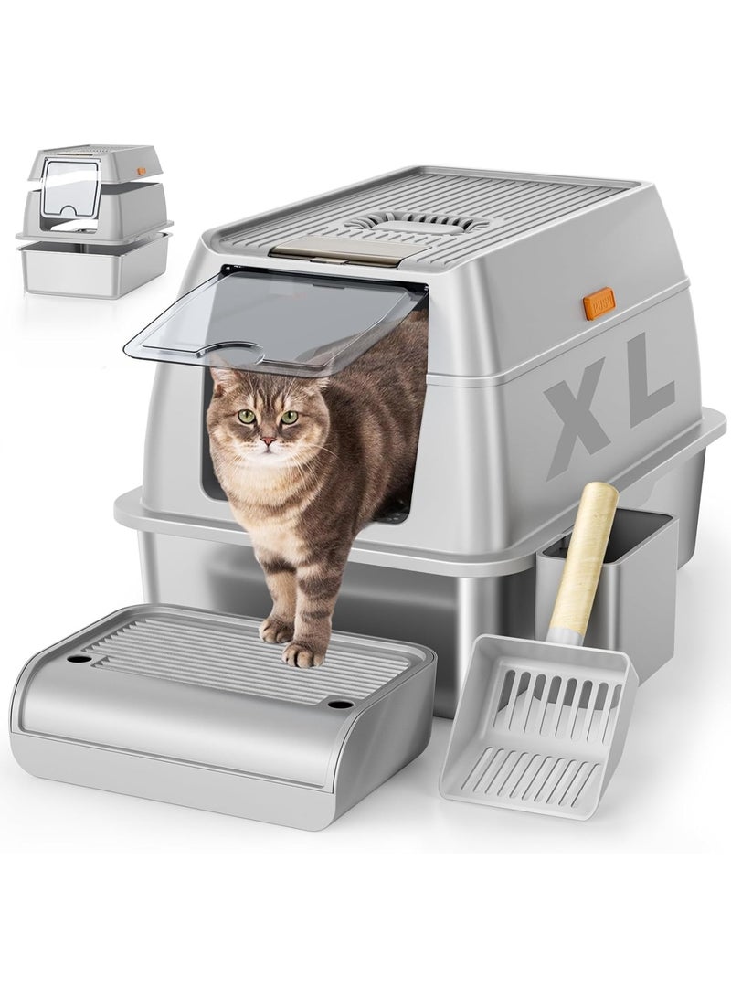 M.A&F's Stainless Steel Cat Litter Box with Lid, Cat Toilet XL Extra Large Litter Box for Big Cats Enclosed Removable Metal Litter Boxs with High Sided Enclosure Scoop (Grey) - Image 1