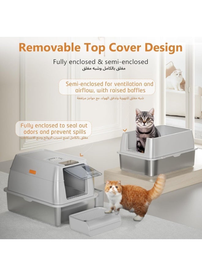 M.A&F's Stainless Steel Cat Litter Box with Lid, Cat Toilet XL Extra Large Litter Box for Big Cats Enclosed Removable Metal Litter Boxs with High Sided Enclosure Scoop (Grey) - Image 2