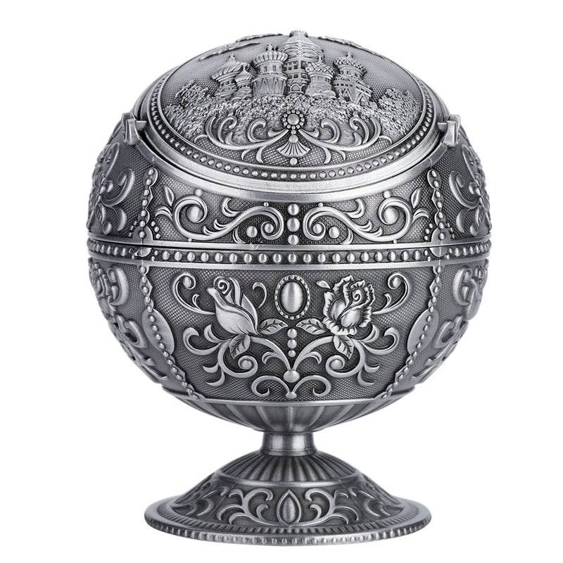 Vintage Art Craft Ashtray Metal Round Ball Stamped Pattern Gift Decoration (Silver) - Image 1