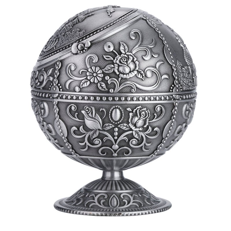 Vintage Art Craft Ashtray Metal Round Ball Stamped Pattern Gift Decoration (Silver) - Image 3
