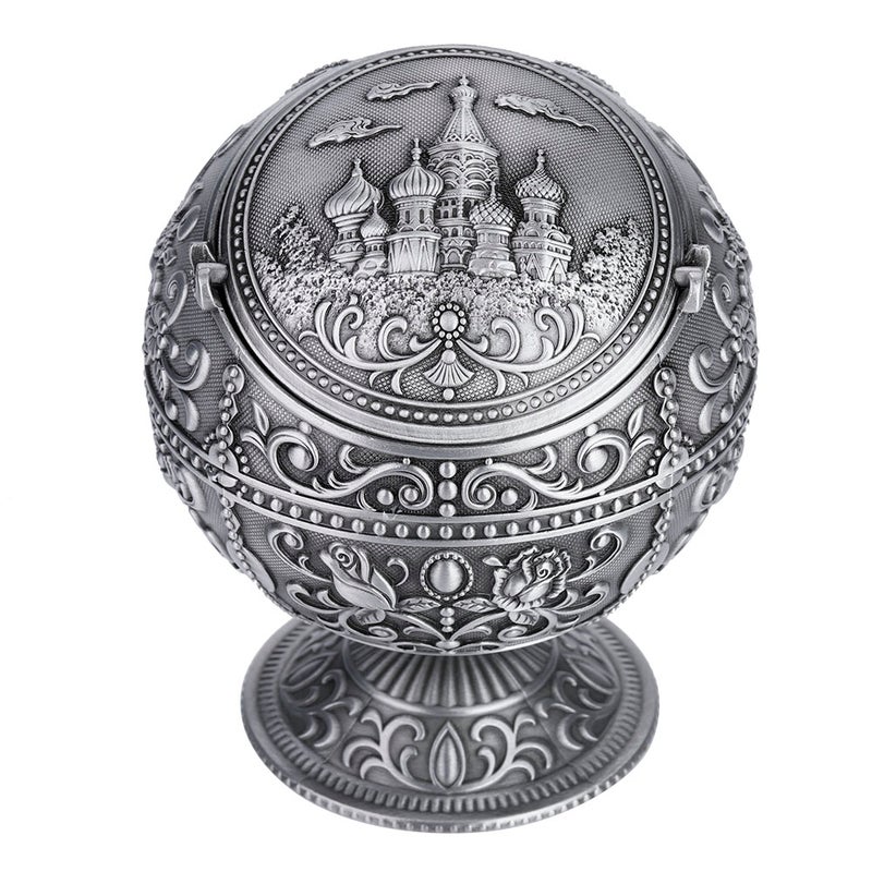 Vintage Art Craft Ashtray Metal Round Ball Stamped Pattern Gift Decoration (Silver) - Image 4