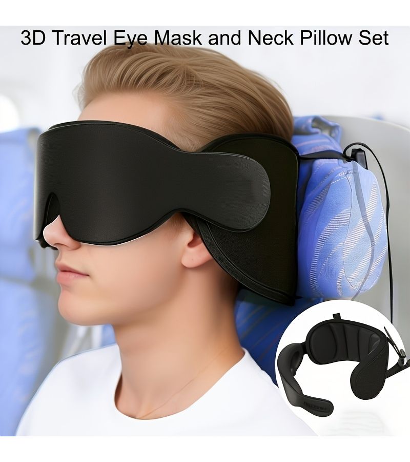 Black Travel Eye Mask And Neck Pillow Set For Airplane Car Seat Shading Support To Prevent Head Shaking Sleep Fixation Breathable Essential For Road Trips - Image 1
