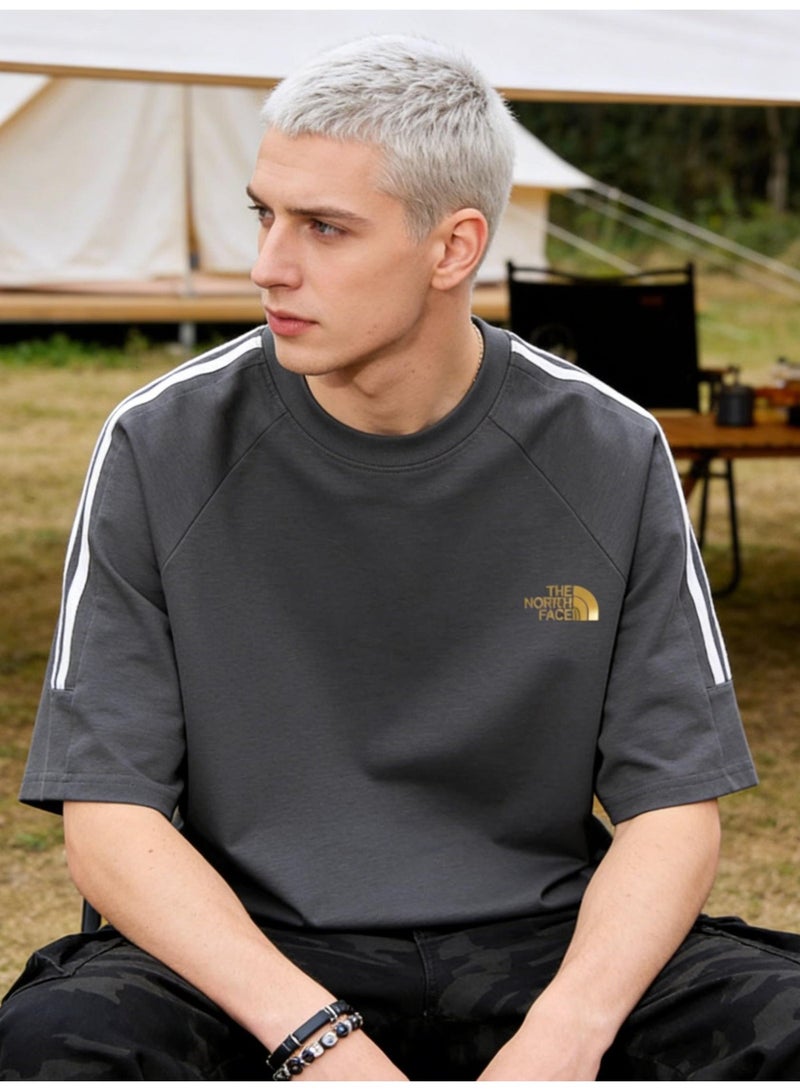 THE NORTH FACE Loose T-shirts with LOGO, 300g double-yarn cotton loose T-shirts for men and women with the same paragraph, and 2 short-sleeved round neck shirts for leisure sports. - Image 1