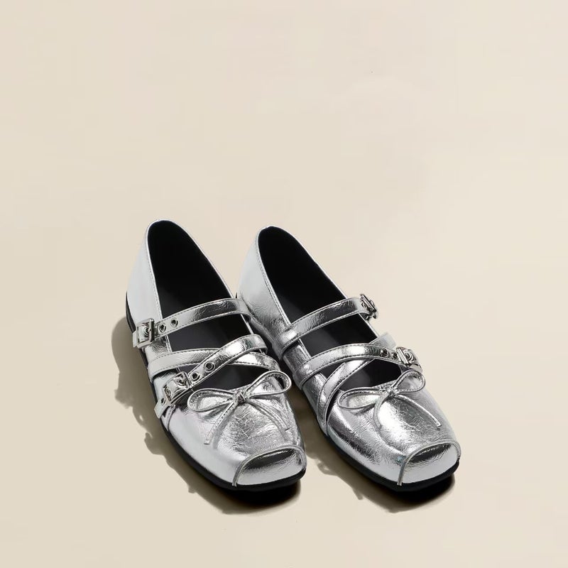 Cowhide Version 6Cm Inner Height Square Bow Belt Buckle Silver Mary Jane Shoes Single-Layer Shoes Soft Bottom Ballet Shoes - Image 1