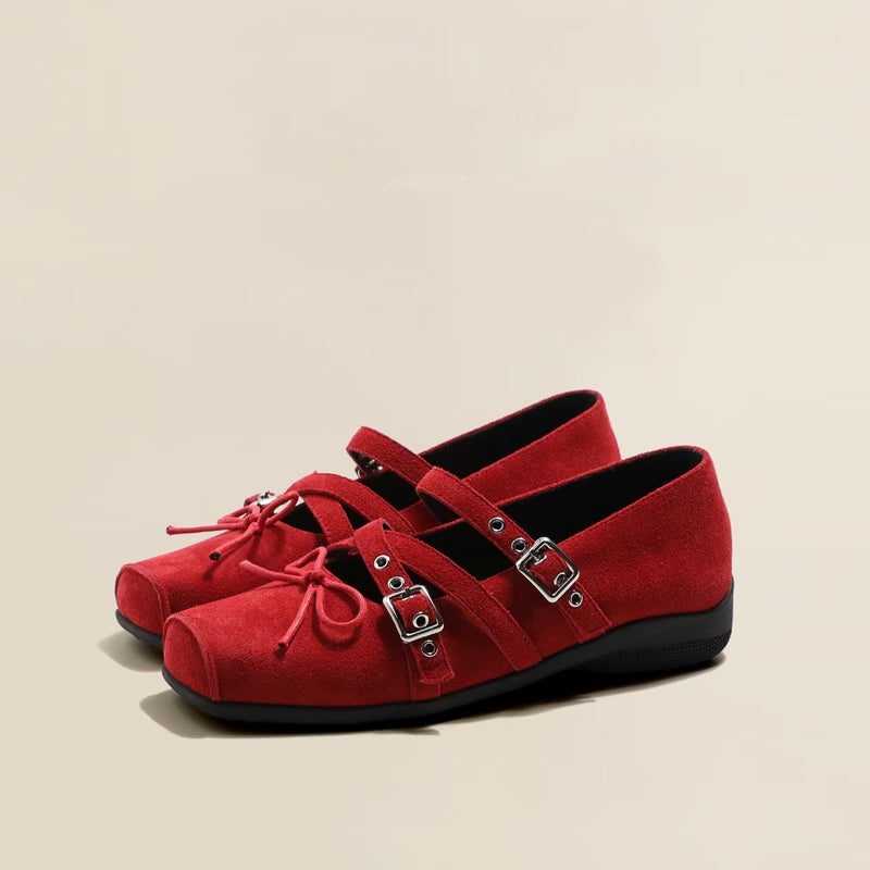 Cowhide Version 6Cm Inner Height Square Bow Belt Buckle Silver Mary Jane Shoes Single-Layer Shoes Soft Bottom Ballet Shoes - Image 2