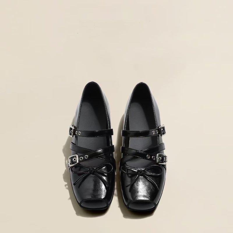 Cowhide Version 6Cm Inner Height Square Bow Belt Buckle Silver Mary Jane Shoes Single-Layer Shoes Soft Bottom Ballet Shoes - Image 4