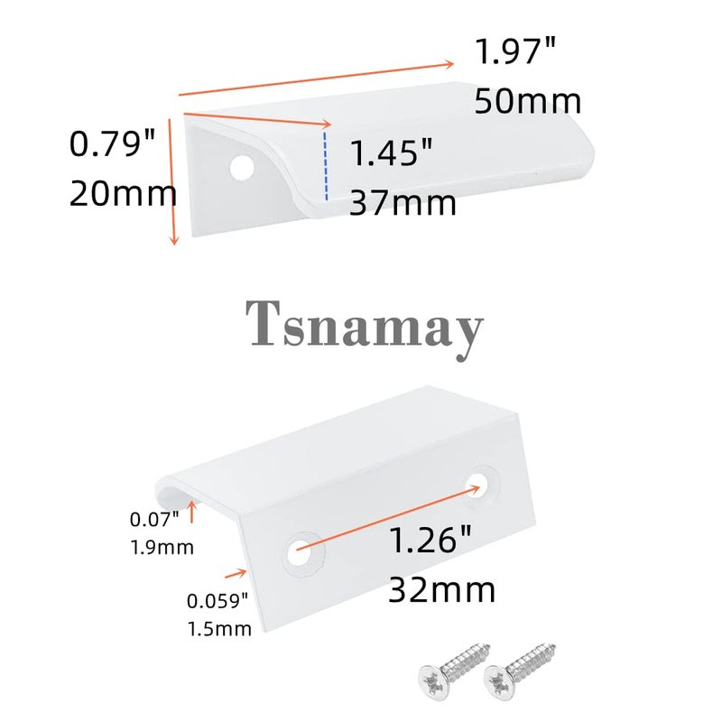 Tsnamay مقبضان من تسناماي، أبيض مقوس، بطول 1.97 بوصة، بمقابض أدراج مخفية، قطر الفتحة 1.26 بوصة/32 مم - Image 2