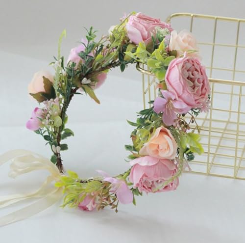 DreamLily Girls Camellias Flower Crown Birthday Photo Pops Hair Wreath Wedding Festival Floral Headpiece XM11 (A-Blush) - Image 5
