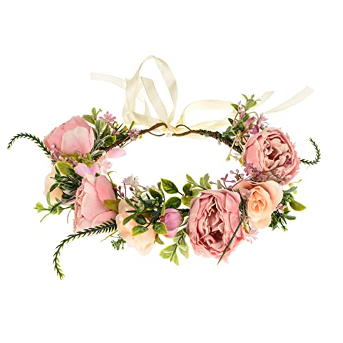DreamLily Girls Camellias Flower Crown Birthday Photo Pops Hair Wreath Wedding Festival Floral Headpiece XM11 (A-Blush) - Image 1