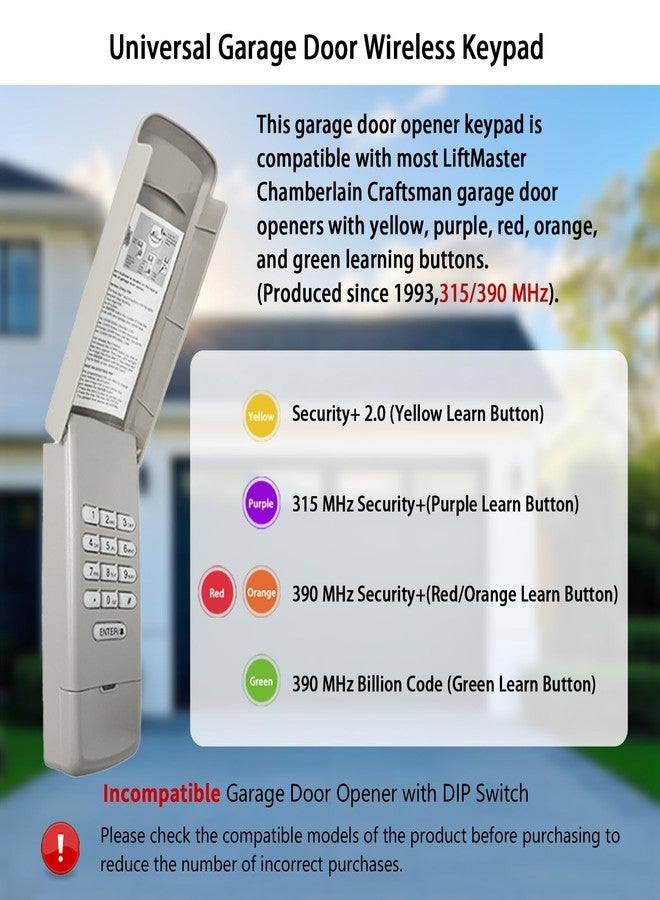 XDTKML Garage Door Opener Keypad for Liftmaster Chamberlain Craftsman Garage Door Opener Universal Keypad Wireless Keyless Entry Outside Remote with 315/390 MHZ Learn Button Since 1993 - Image 2