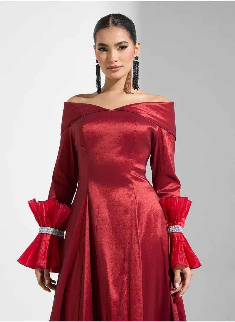 Namshi x Shawl Collar Metallic Gown With Frill Sleeves