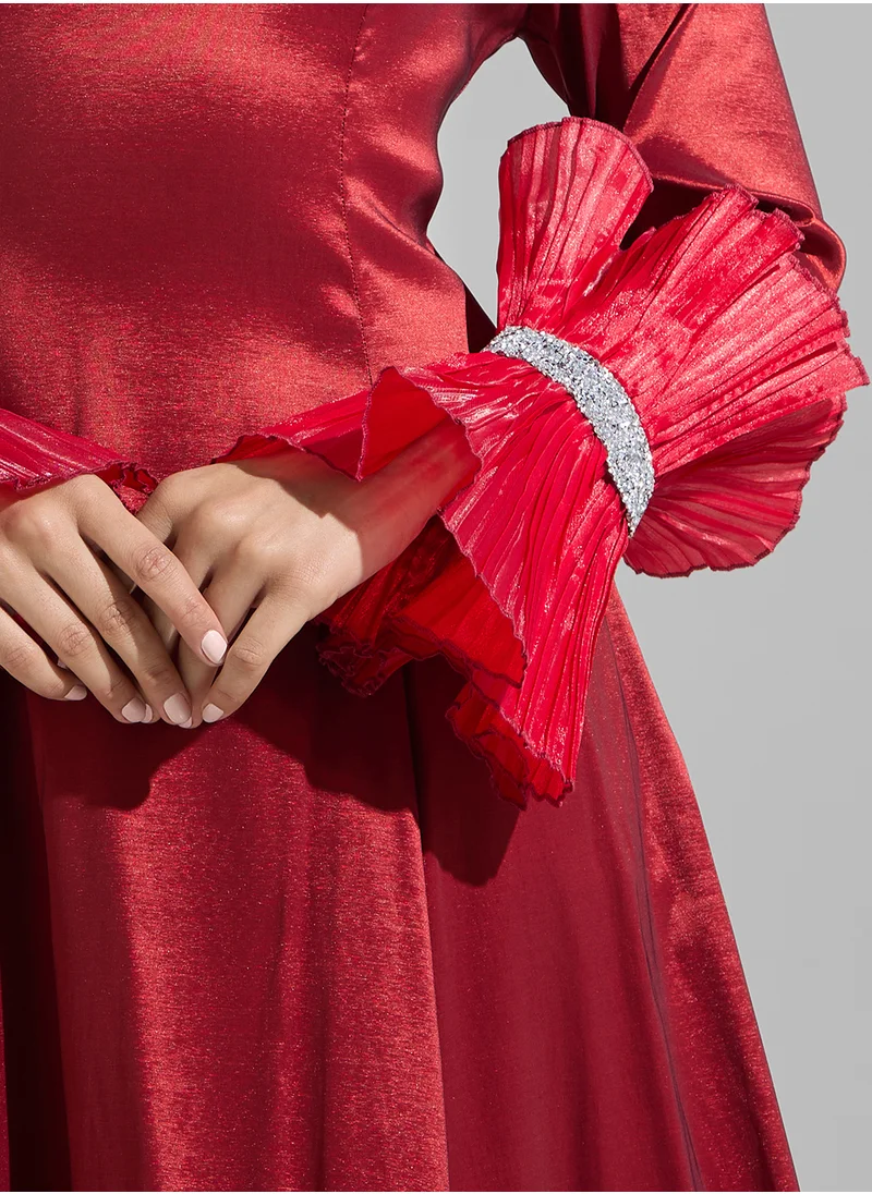 Namshi x Shawl Collar Metallic Gown With Frill Sleeves
