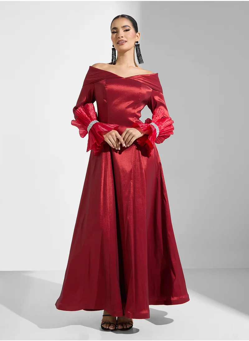 نمشي x Shawl Collar Metallic Gown With Frill Sleeves