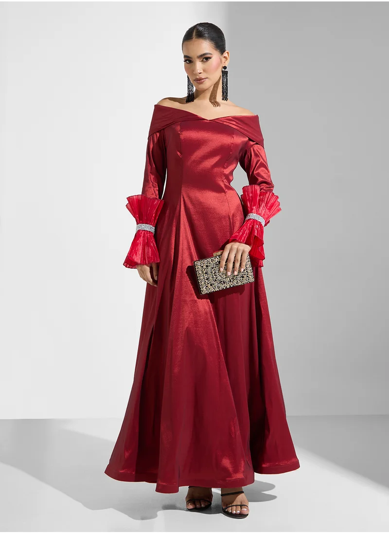 Namshi x Shawl Collar Metallic Gown With Frill Sleeves