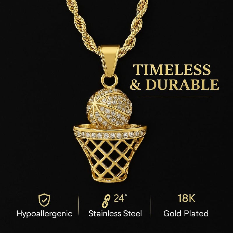 Steeltime Basketball Necklace - 18K Gold Plated Basketball Chain with Hoop for Men, Women - Gold Color - Stainless Steel Sports Pendant with Simulated Diamond Jewelry CZ Stones - Image 4