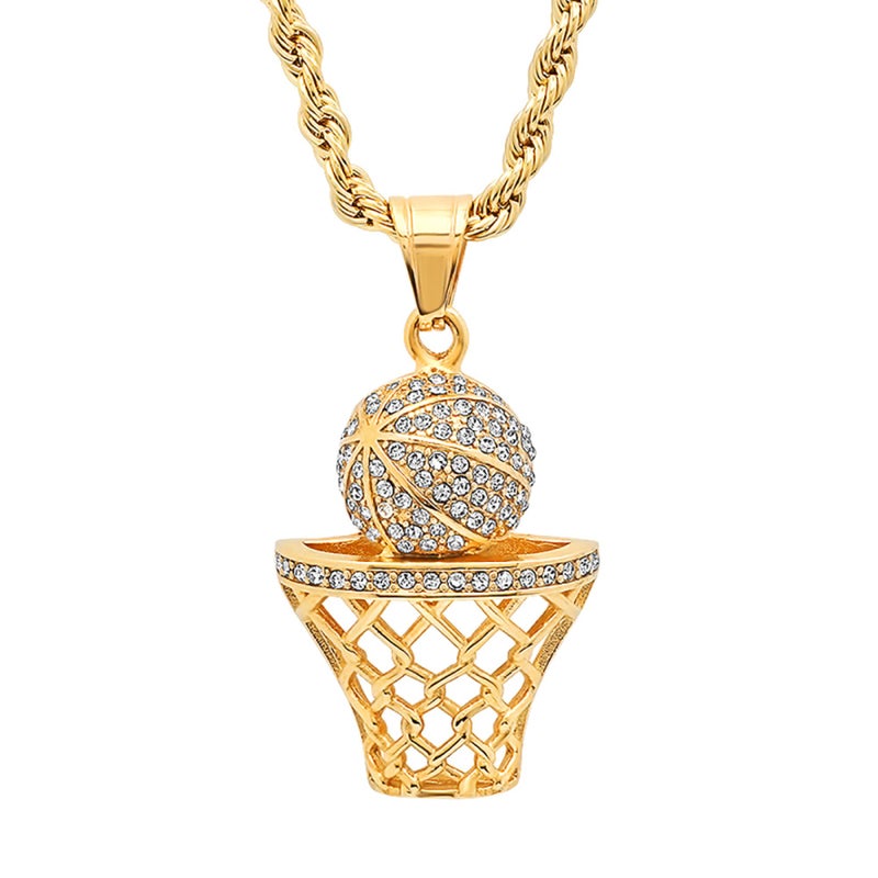 Steeltime Basketball Necklace - 18K Gold Plated Basketball Chain with Hoop for Men, Women - Gold Color - Stainless Steel Sports Pendant with Simulated Diamond Jewelry CZ Stones - Image 1