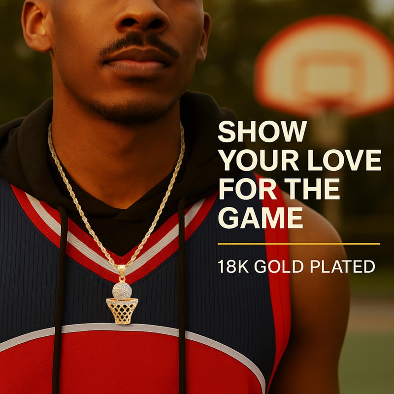 Steeltime Basketball Necklace - 18K Gold Plated Basketball Chain with Hoop for Men, Women - Gold Color - Stainless Steel Sports Pendant with Simulated Diamond Jewelry CZ Stones - Image 2