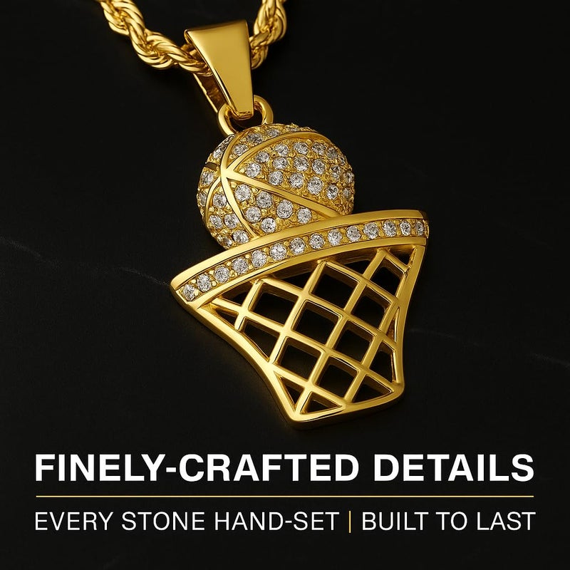 Steeltime Basketball Necklace - 18K Gold Plated Basketball Chain with Hoop for Men, Women - Gold Color - Stainless Steel Sports Pendant with Simulated Diamond Jewelry CZ Stones - Image 3