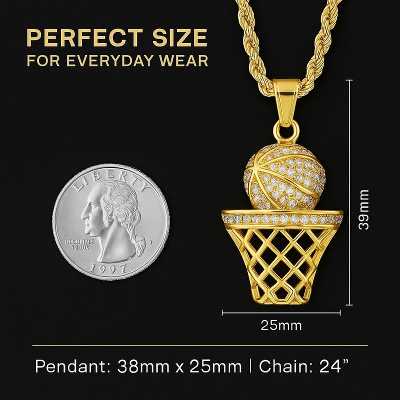 Steeltime Basketball Necklace - 18K Gold Plated Basketball Chain with Hoop for Men, Women - Gold Color - Stainless Steel Sports Pendant with Simulated Diamond Jewelry CZ Stones - Image 5