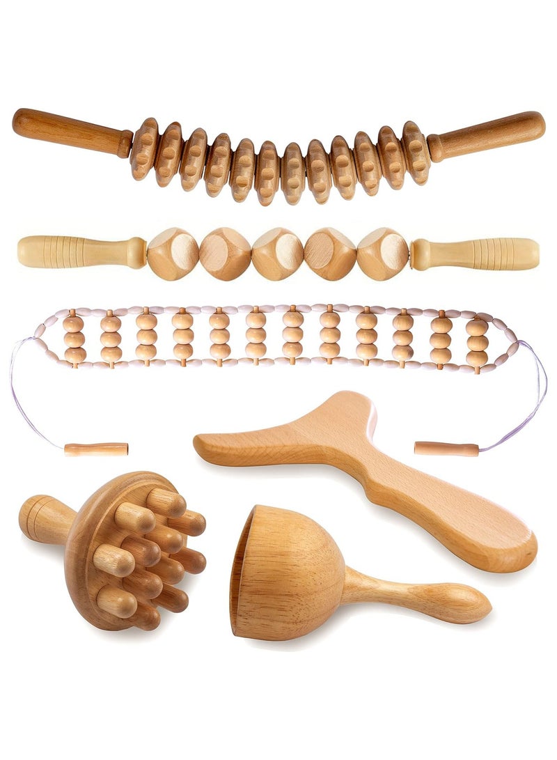 6-Piece Scraping Stick Beech Wood Therapy Kit Massage Tools for Release Cellulite Muscle Blasting Pain Relief Body Sculpting Tools - Image 1