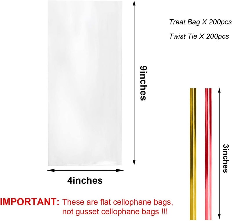 Morepack Cellophane Treat Bags, 4x9 Inches 200 Pcs OPP Plastic Treat Bags with 200 Twist Ties for Gift Wrapping,Packaging Candies,Bakery, Cookies, Chocolate,Party Favors - Image 2