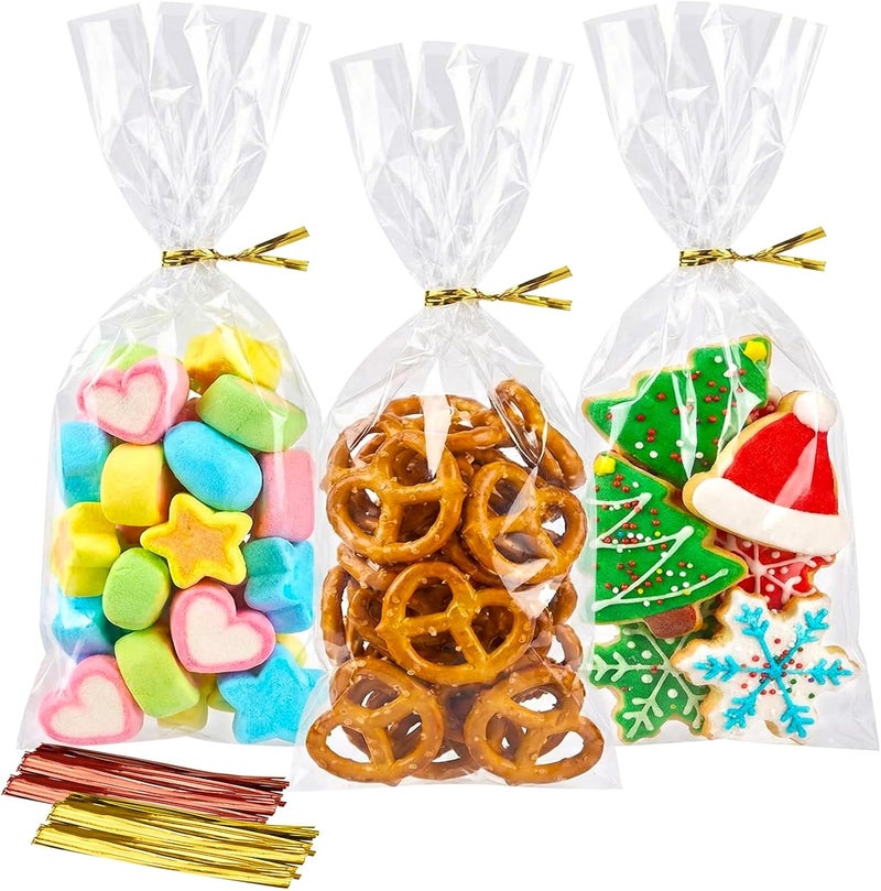Morepack Cellophane Treat Bags, 4x9 Inches 200 Pcs OPP Plastic Treat Bags with 200 Twist Ties for Gift Wrapping,Packaging Candies,Bakery, Cookies, Chocolate,Party Favors - Image 1
