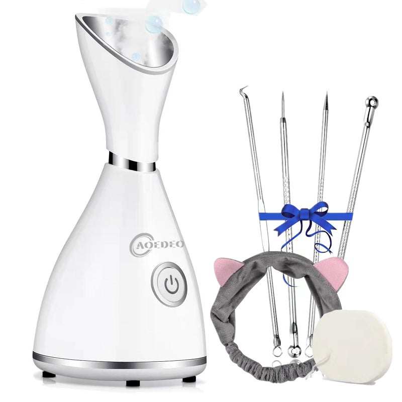 Nano Ionic Face Steamer - Warm Mist Humidifier for Deep Facial Cleansing - 4 Piece Stainless Steel Skin Kit, Hair Band, Wash Face Sponge