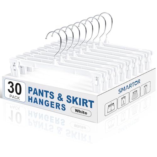 Smartor Skirt Hangers with 360° Swivel Hook, 30 Pack White Pants Hangers for Skirts, Shorts, Jeans & Slacks, Space-Saving Closet Organizer with Strong Grip Clips - Image 1