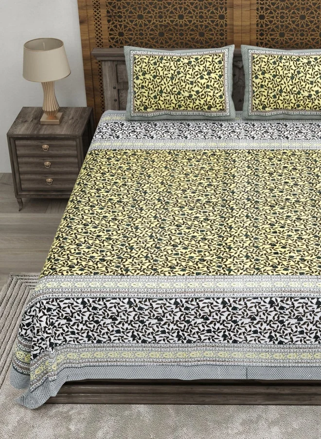 CLOTHOLOGY CLOTHOLOGY Yellow Floral Printed Pure Cotton 180 TC Double King Bedsheet Set