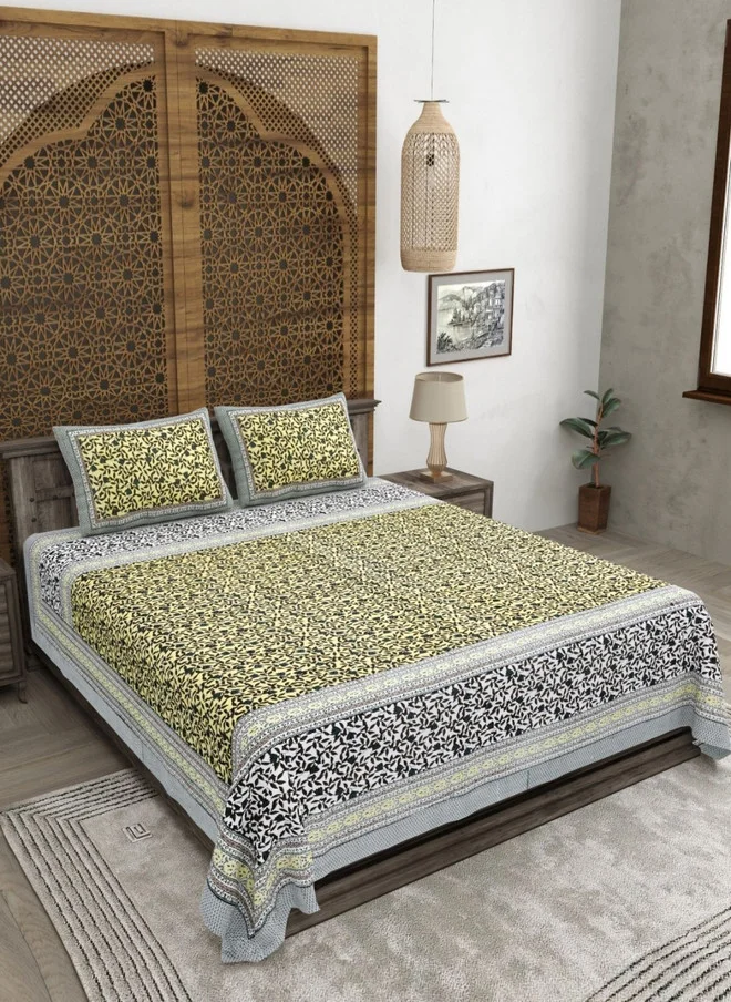CLOTHOLOGY CLOTHOLOGY Yellow Floral Printed Pure Cotton 180 TC Double King Bedsheet Set