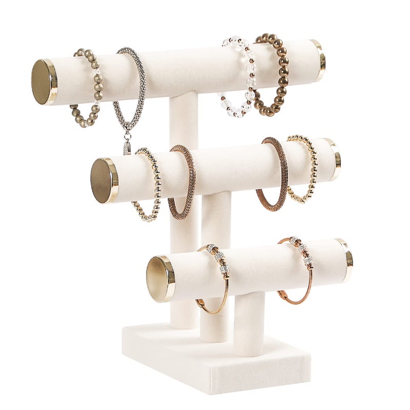 Pengup 3 Tier Bracelet Holder,Bracelet Display Stand with Metal Cap,Beige White Velvet Jewelry Organizer Displays for Necklace Scrunchies Watches Hair Ties. - Image 1