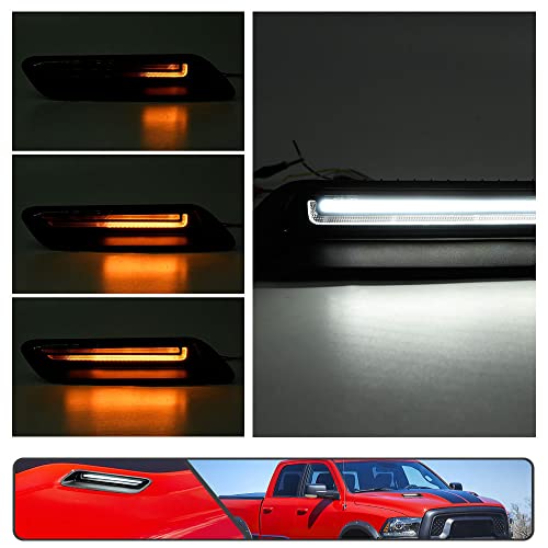 Mingrui test 2Pcs White&Amber LED Hood Scoop Light for 2010-2018 Ram 1500 Sport Hood Air Flow Vent Grille Lamp with DRL Turn Signal Lights Functions Smoked Lens - Image 2