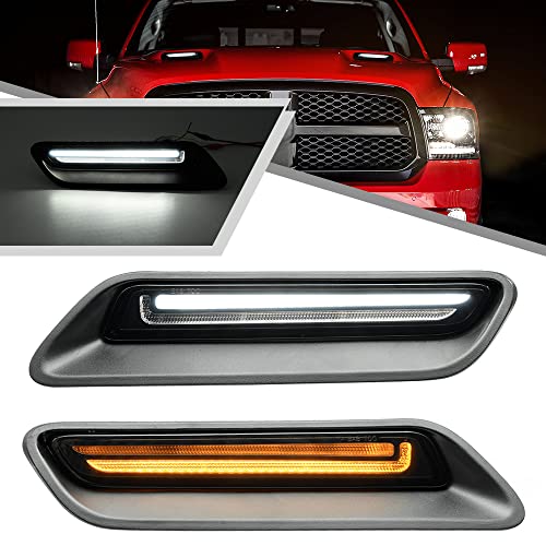 Mingrui test 2Pcs White&Amber LED Hood Scoop Light for 2010-2018 Ram 1500 Sport Hood Air Flow Vent Grille Lamp with DRL Turn Signal Lights Functions Smoked Lens - Image 1