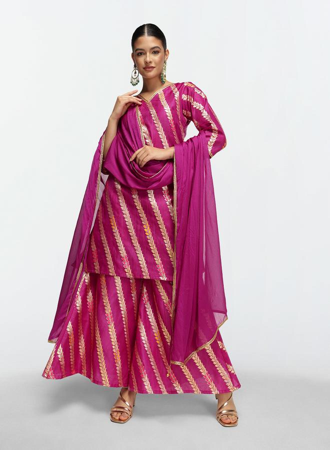 ISHIN Women's Purple Silk Blend Embellished Tunic Upper Calf Length Palazzo Bottom Straight Fit 3 Peice Kurta Set - Image 1