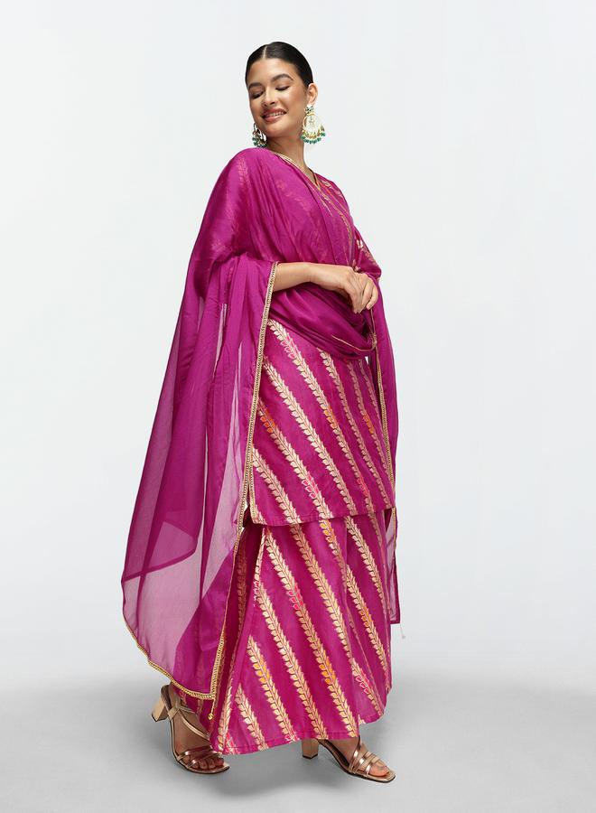 ISHIN Women's Purple Silk Blend Embellished Tunic Upper Calf Length Palazzo Bottom Straight Fit 3 Peice Kurta Set - Image 3