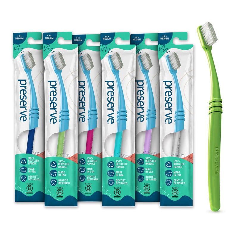 Preserve Eco Friendly Adult Toothbrushes BPA Free Made in The USA from Recycled Plastic Lightweight Toothbrush in Travel Pouch Medium Bristles Tooth Brush Colors Vary 6 Pack
