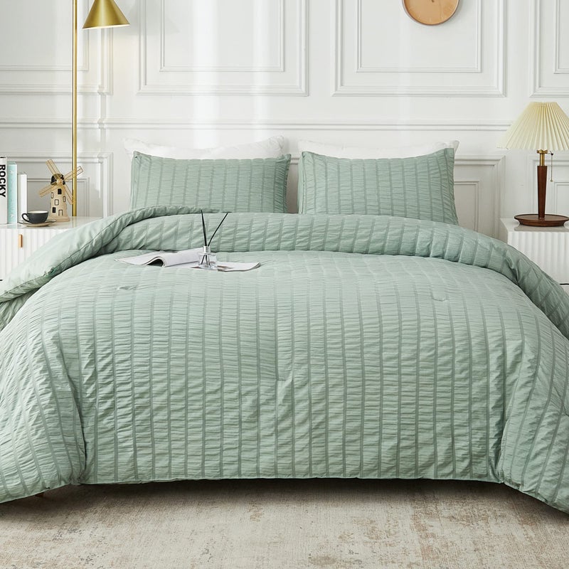 AveLom Sage Green Seersucker California King Comforter Set 104x96 inches 3 Pieces100 Soft Washed Microfiber Lightweight Comforter with 2 Pillowcases All Season Down Alternative Bedding Set