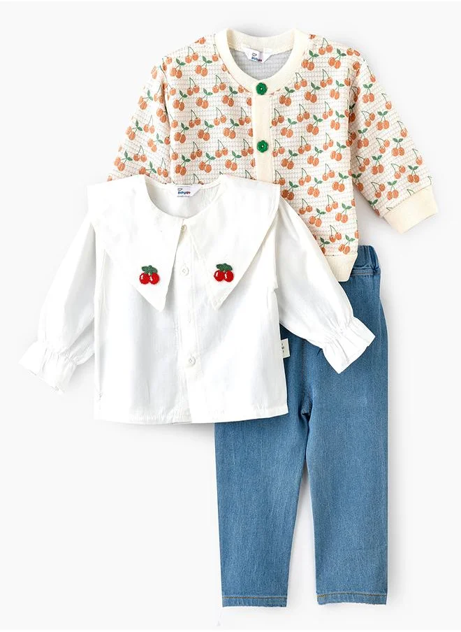 babyqlo Cherry Blossom Knit Jacket, T-shirt and Pant Set for Girls