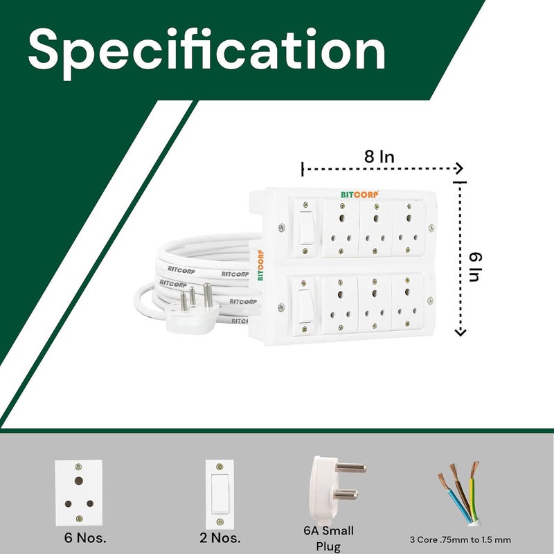 BITCORP Bitcorp Extension Cord 1500W 6A Spike Guard Thermal Protection 6 Way Multi Pin Outlet 2 Switch Power Cord with 2 Meter Long Wire Cable Suitable for Small Appliance  - Image 3