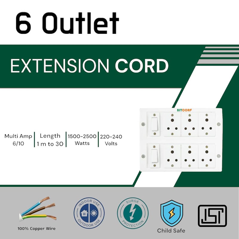BITCORP Bitcorp Extension Cord 1500W 6A Spike Guard Thermal Protection 6 Way Multi Pin Outlet 2 Switch Power Cord with 2 Meter Long Wire Cable Suitable for Small Appliance  - Image 2