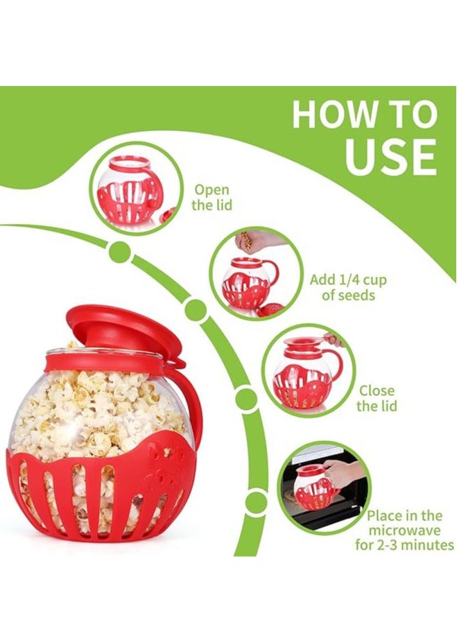 Microwave Popcorn Popper with Temperature Safe Glass, 3-in-1 Lid Measures Kernels and Melts Butter, Made Without BPA, Dishwasher Safe, red