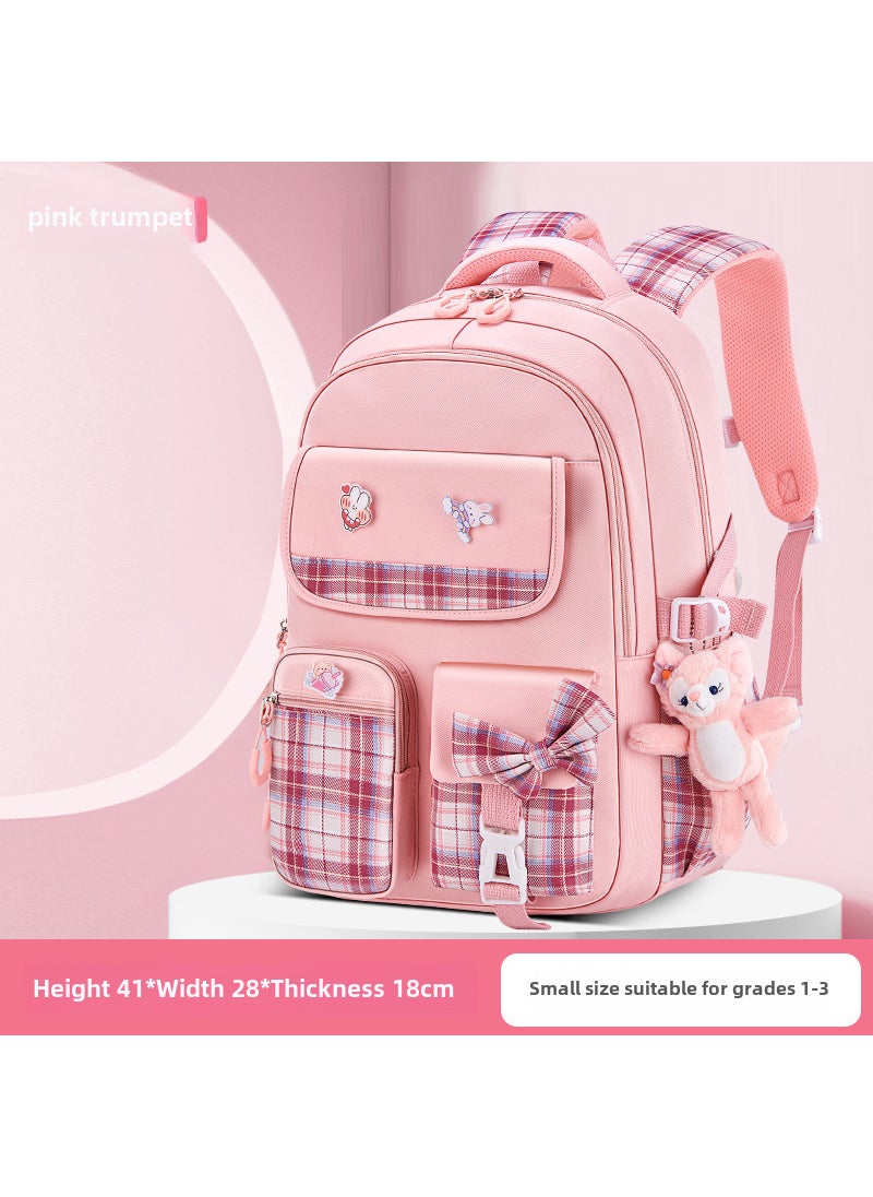 Generic - 2024 Girls Plaid Backpack Large Capacity Lightweight Waterproof Elementarysmall size Pink Doll Badge small size Pink Doll Badge - Image 1
