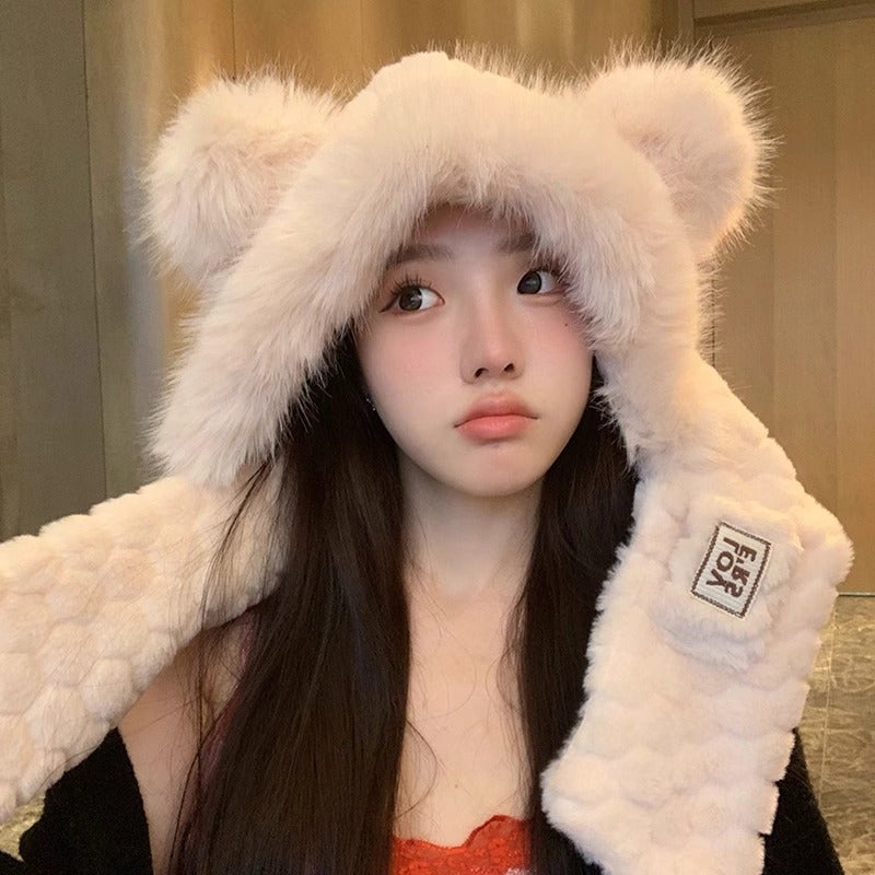 2024 Bear Hat Scarf Gloves Set Women Autumn Winter White (two-piece set)