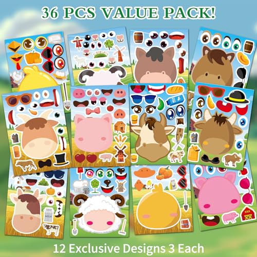 Ozepao 36 Pcs Farm Animals Make-A-Face Sticker Sheets | Mix & Match Your Own Farm Animal Stickers for Kids Ages 2-6 | Farm Animal Party Supplies, Birthday Decorations, Crafts & Activities - Image 2