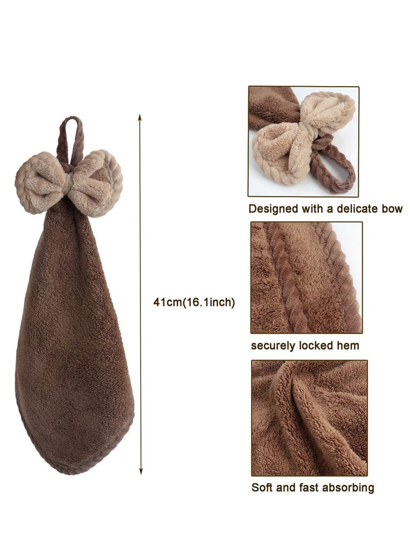 Hand Dryer Towels, 3pcs Hand Towels with Hanging Loops, Soft and Absorbent Microfiber Coral Fleece Hand Towels with Bows for Kitchen and Bathroom, Absorbent Quick Drying, Dark Colour - Image 2