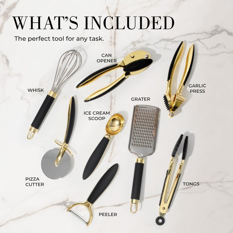 styled settings Black and Gold Kitchen Utensils - Luxe 8-Piece Gold Kitchen Tools Set with Can Opener, Pizza Cutter, Peeler, Mini Whisk, and Tongs - Stylish Accessories for Modern Cooking and Ideal for Gifting - Image 2