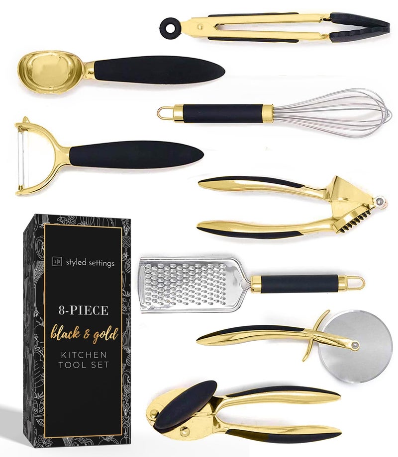 styled settings Black and Gold Kitchen Utensils - Luxe 8-Piece Gold Kitchen Tools Set with Can Opener, Pizza Cutter, Peeler, Mini Whisk, and Tongs - Stylish Accessories for Modern Cooking and Ideal for Gifting - Image 1