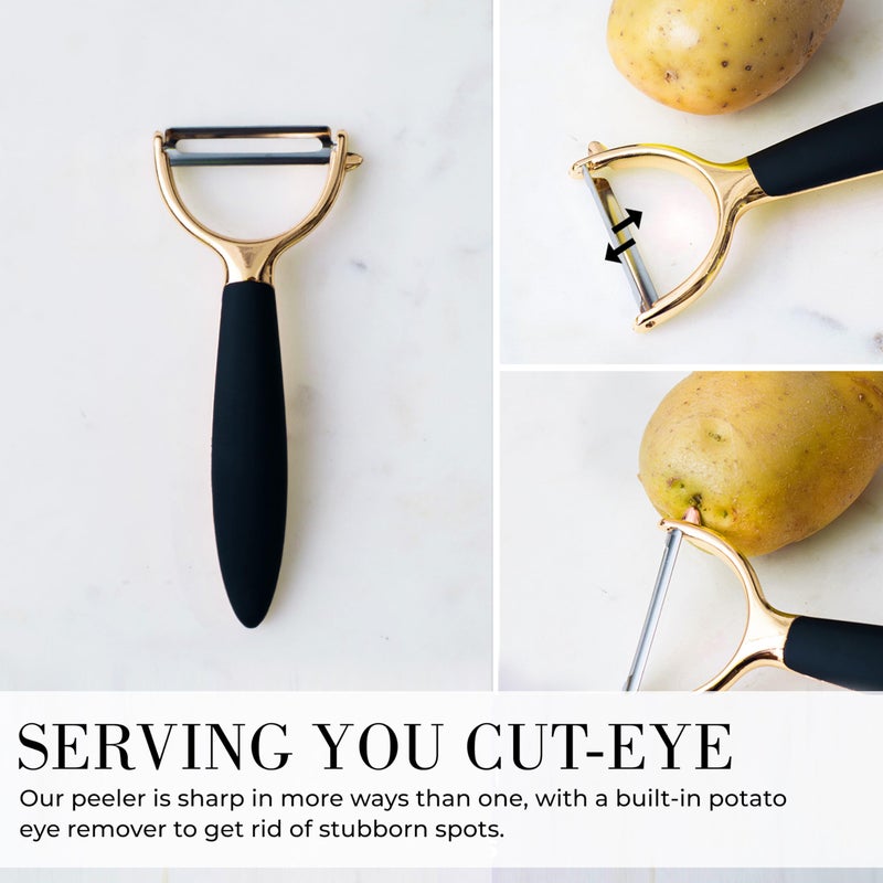 styled settings Black and Gold Kitchen Utensils - Luxe 8-Piece Gold Kitchen Tools Set with Can Opener, Pizza Cutter, Peeler, Mini Whisk, and Tongs - Stylish Accessories for Modern Cooking and Ideal for Gifting - Image 5