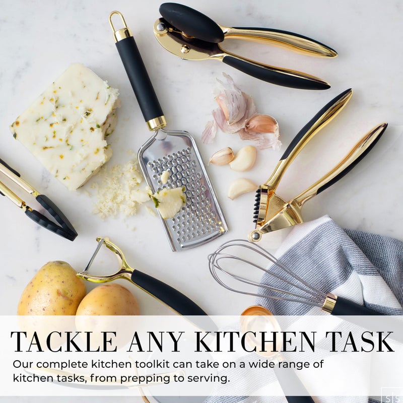 styled settings Black and Gold Kitchen Utensils - Luxe 8-Piece Gold Kitchen Tools Set with Can Opener, Pizza Cutter, Peeler, Mini Whisk, and Tongs - Stylish Accessories for Modern Cooking and Ideal for Gifting - Image 4