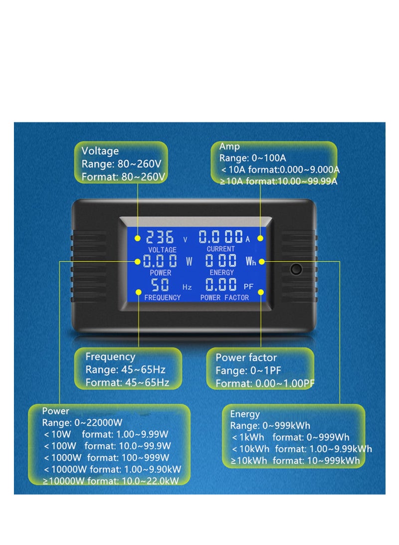 Excefore AC Power Meter, 80-260V 100A Voltage Current Color LCD Display Panel, Current Voltage Amperage Energy Meter Monitor, Digital Ammeter Voltmeter with Split Core Current Transformer CT, AC 100A Meter  - Image 4
